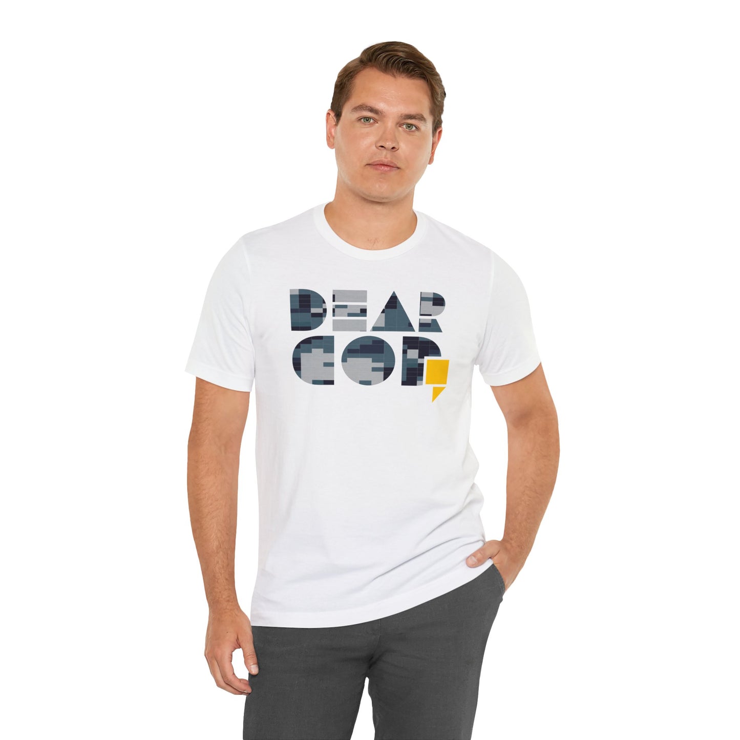 Men's "Dear God," Blue Camo — Jersey Short Sleeve Tee