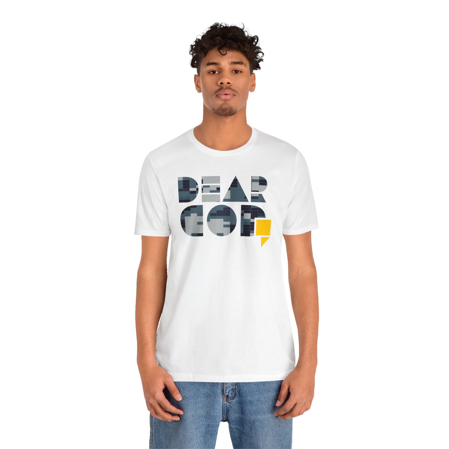 Men's "Dear God," Blue Camo — Jersey Short Sleeve Tee